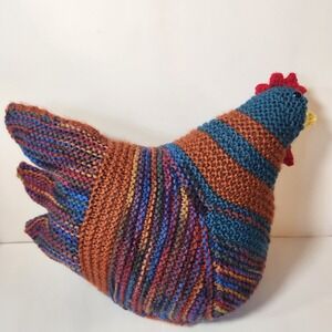 Handmade Knit Chicken Plush Multi-Color Striped Farmhouse Hen Decor 13"
